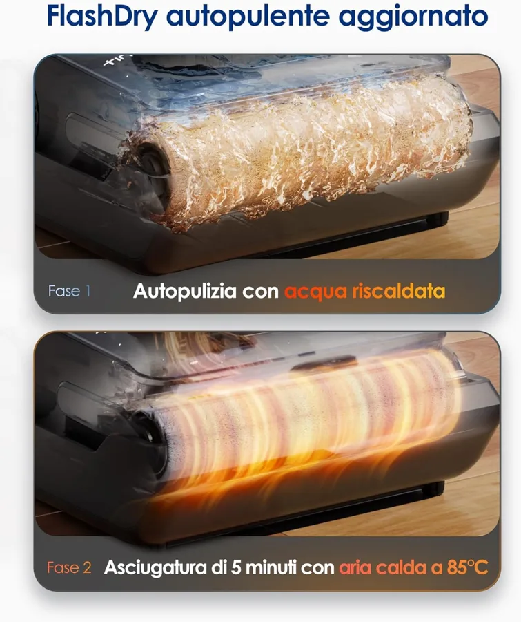 Autopulizia con acqua riscaldata e asciugatura del rullo con aria a 85 °C
