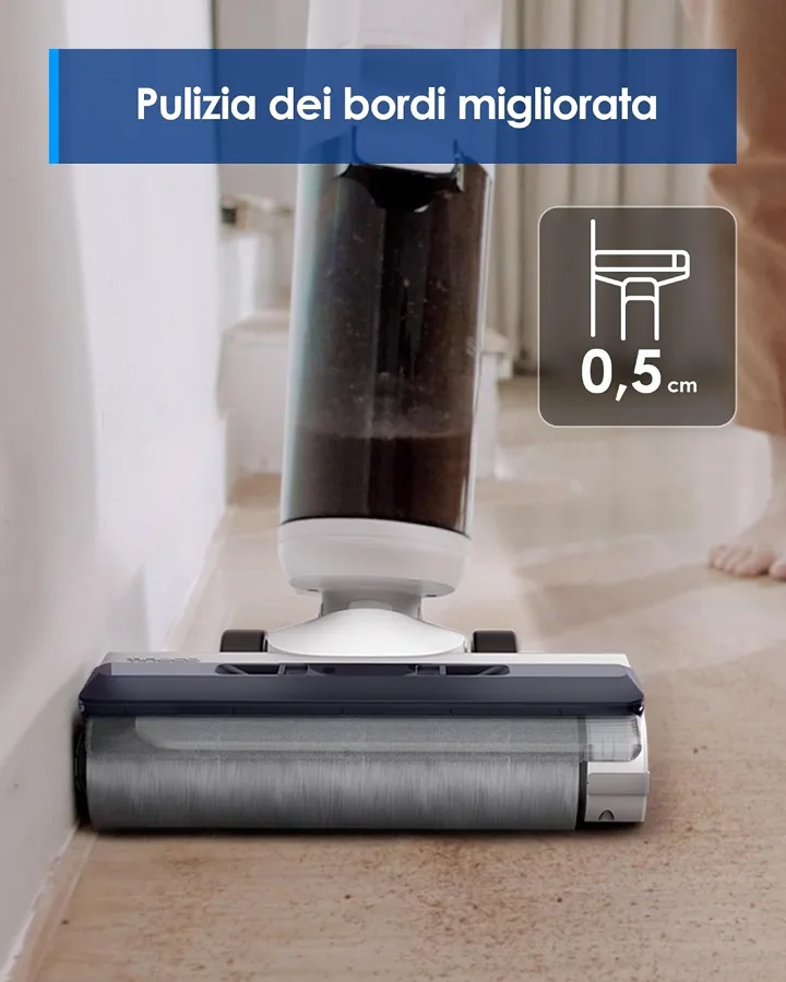 Testina della Tineco iFLOOR 5 Breeze contro il muro con pulizia dei bordi a 0,5 cm