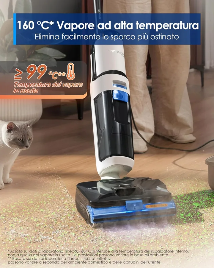 Tineco S6 Stretch Steam con cavo su pavimento con briciole, vapore 160 °C al riscaldatore