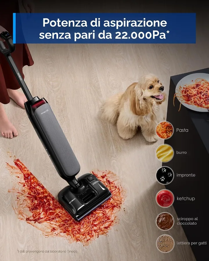 Infografica della Tineco S7 Artist con aspirazione da 22.000 Pa su sporco di cucina