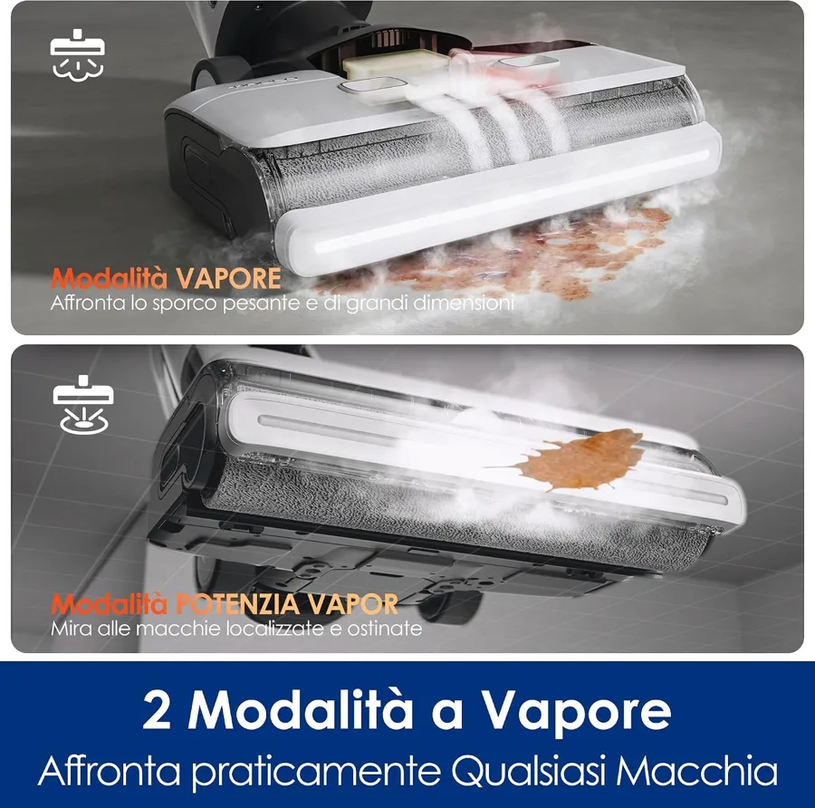Testina della Tineco S7 Steam in modalità vapore e potenzia vapore
