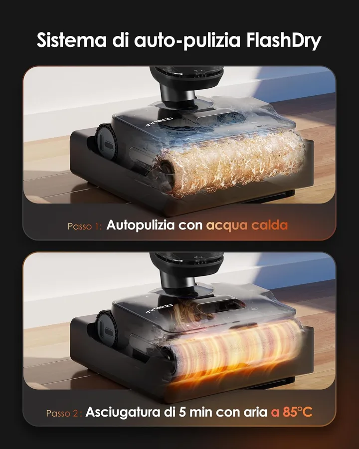 Le due fasi dell'autopulizia della S7 Stretch Steam: lavaggio e asciugatura