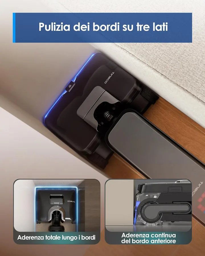 Pulizia dei bordi su tre lati della Tineco S9 Scientist lungo il battiscopa