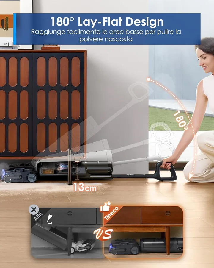 Lavapavimenti Tineco disteso a 180° sotto un mobile basso