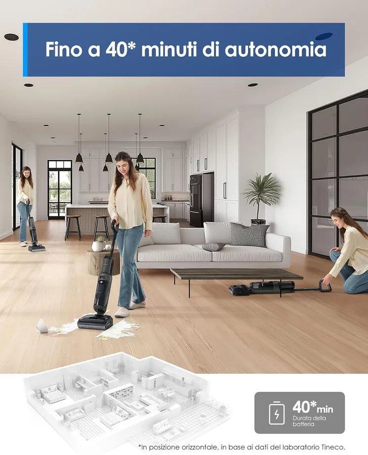 Una persona pulisce un open space in legno con un lavapavimenti Tineco